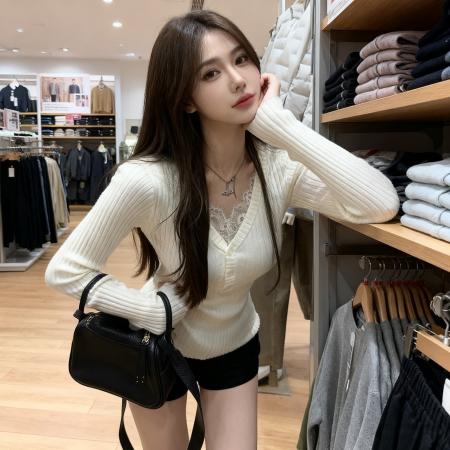 FA56848# 假两件蕾丝针织衫女内搭打底衫秋季毛衣修身V领长袖t恤上衣潮  服裝批發女裝批發服飾貨源