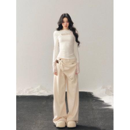 FA56849# 半高领蕾丝镂空T恤女冬纯欲性感显瘦上衣  服裝批發女裝批發服飾貨源