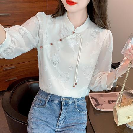 FA56851# 改良版旗袍雪纺衫女早春新款七分泡泡袖新中式别致上衣