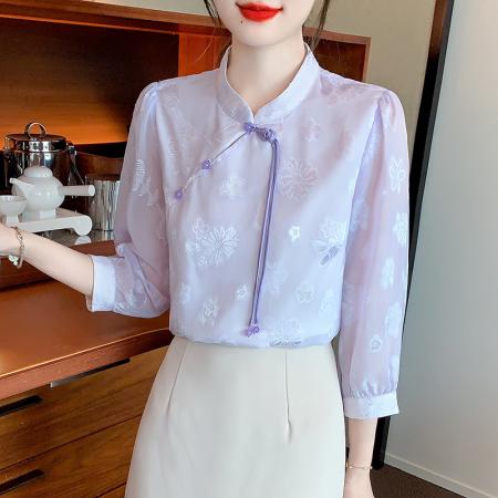 FA56851# 改良版旗袍雪纺衫女早春新款七分泡泡袖新中式别致上衣