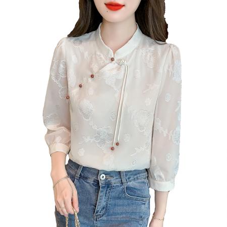 FA56851# 改良版旗袍雪纺衫女早春新款七分泡泡袖新中式别致上衣