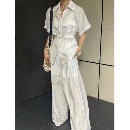 FA56853# 高端定制新款韩版时尚洋气翻领工装衬衫+松紧腰阔腿裤+腰带件套