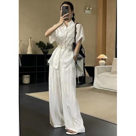 FA56853# 高端定制新款韩版时尚洋气翻领工装衬衫+松紧腰阔腿裤+腰带件套