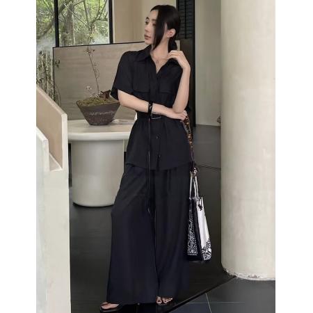 FA56853# 高端定制新款韩版时尚洋气翻领工装衬衫+松紧腰阔腿裤+腰带件套