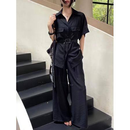 FA56853# 高端定制新款韩版时尚洋气翻领工装衬衫+松紧腰阔腿裤+腰带件套