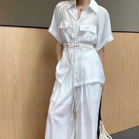 FA56853# 高端定制新款韩版时尚洋气翻领工装衬衫+松紧腰阔腿裤+腰带件套