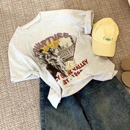 BY10077# 纯棉短袖T恤女宽松大码印花 服裝批發女裝批發服飾貨源