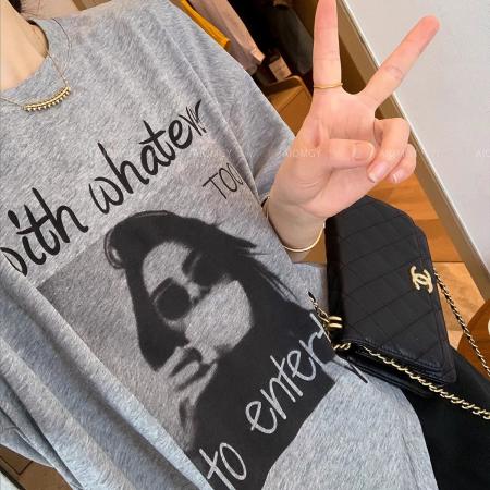 BY10086# 纯棉灰色圆领短袖印花T恤女 服裝批發女裝批發服飾貨源