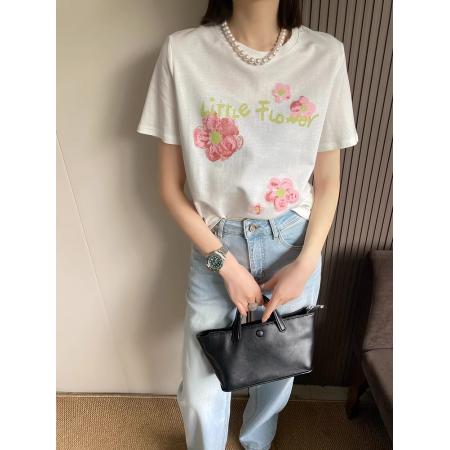 BY10100# 纯棉字母花朵印花短袖T恤女 服裝批發女裝批發服飾貨源