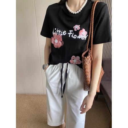 BY10100# 纯棉字母花朵印花短袖T恤女 服裝批發女裝批發服飾貨源