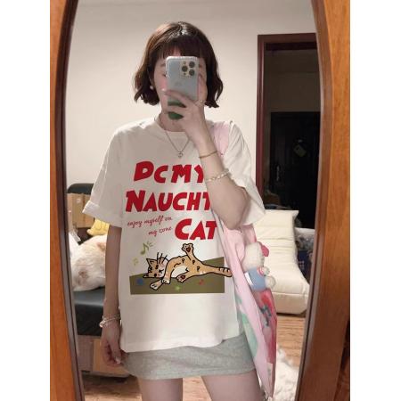 BY10102# 纯棉韩系趣味猫咪字母印花短袖T恤女 服裝批發女裝批發服飾貨源
