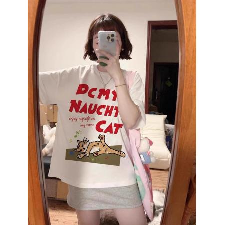 BY10102# 纯棉韩系趣味猫咪字母印花短袖T恤女 服裝批發女裝批發服飾貨源
