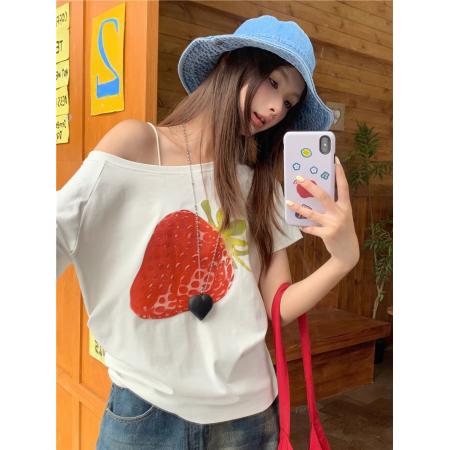 BY10107# 纯棉斜领一字肩露肩短袖T恤女印花 服裝批發女裝批發服飾貨源