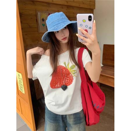 BY10107# 纯棉斜领一字肩露肩短袖T恤女印花 服裝批發女裝批發服飾貨源