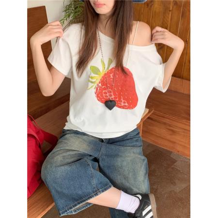 BY10107# 纯棉斜领一字肩露肩短袖T恤女印花 服裝批發女裝批發服飾貨源