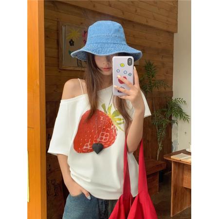 BY10107# 纯棉斜领一字肩露肩短袖T恤女印花 服裝批發女裝批發服飾貨源