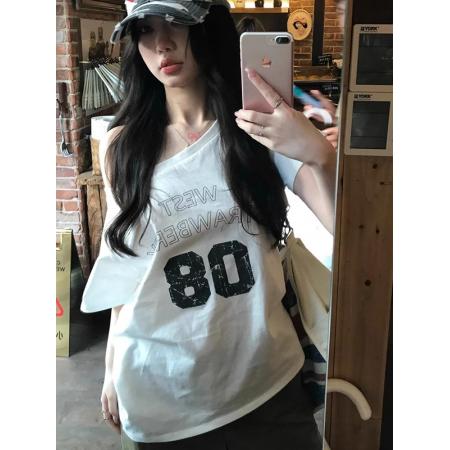 BY10108# 纯棉斜领一字肩露肩短袖T恤女印花 服裝批發女裝批發服飾貨源