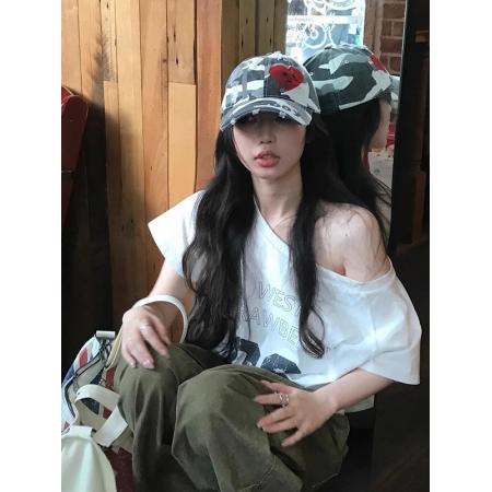 BY10108# 纯棉斜领一字肩露肩短袖T恤女印花 服裝批發女裝批發服飾貨源