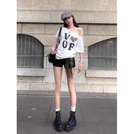 BY10109# 纯棉斜领一字肩露肩短袖T恤女印花 服裝批發女裝批發服飾貨源