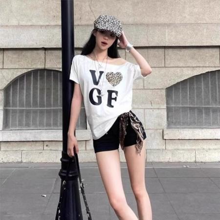 BY10109# 纯棉斜领一字肩露肩短袖T恤女印花 服裝批發女裝批發服飾貨源