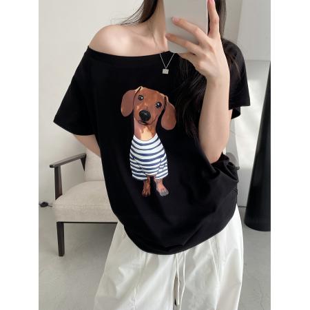 BY10110# 纯棉斜领一字肩露肩短袖T恤女印花 服裝批發女裝批發服飾貨源