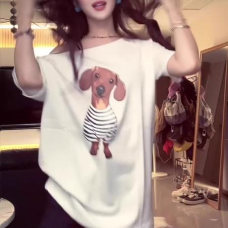 BY10110# 纯棉斜领一字肩露肩短袖T恤女印花 服裝批發女裝批發服飾貨源