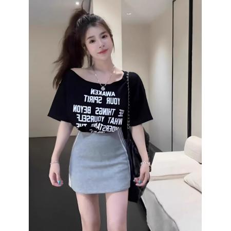 BY10111# 纯棉斜领一字肩露肩短袖T恤女印花 服裝批發女裝批發服飾貨源