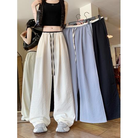 原版质量撞色冰丝阔腿裤女夏季薄款肌理感直筒休闲裤 服裝批發女裝批發服飾貨源