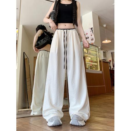 原版质量撞色冰丝阔腿裤女夏季薄款肌理感直筒休闲裤 服裝批發女裝批發服飾貨源