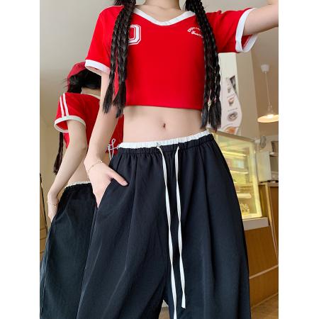 原版质量撞色冰丝阔腿裤女夏季薄款肌理感直筒休闲裤 服裝批發女裝批發服飾貨源