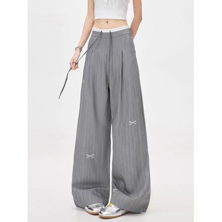 原版内包边美式灰色条纹蝴蝶结西装裤高腰宽松阔腿休闲裤 服裝批發女裝批發服飾貨源
