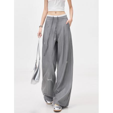 BY10116# 原版内包边美式灰色条纹蝴蝶结西装裤高腰宽松阔腿休闲裤 服裝批發女裝批發服飾貨源