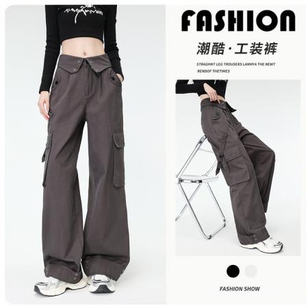 包边原版加工美式工装裤女多口袋翻盖腰头直筒休闲裤子 服裝批發女裝批發服飾貨源