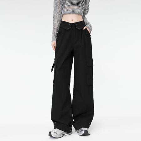 BY10118# 包边原版加工美式工装裤女多口袋翻盖腰头直筒休闲裤子 服裝批發女裝批發服飾貨源