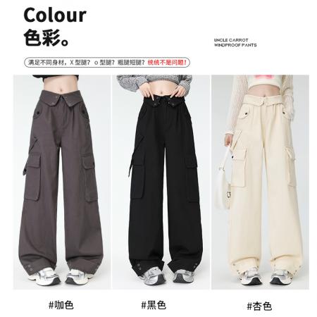 BY10118# 包边原版加工美式工装裤女多口袋翻盖腰头直筒休闲裤子 服裝批發女裝批發服飾貨源