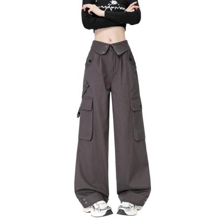 BY10118# 包边原版加工美式工装裤女多口袋翻盖腰头直筒休闲裤子 服裝批發女裝批發服飾貨源