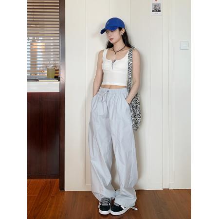 原版水洗全棉显瘦抽绳宽松垂感拖地长裤阔腿工装裤 服裝批發女裝批發服飾貨源