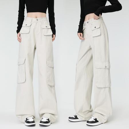 BY10121# 全棉水洗美式复古高街工装阔腿裤子女春秋小个子休闲长裤 服裝批發女裝批發服飾貨源