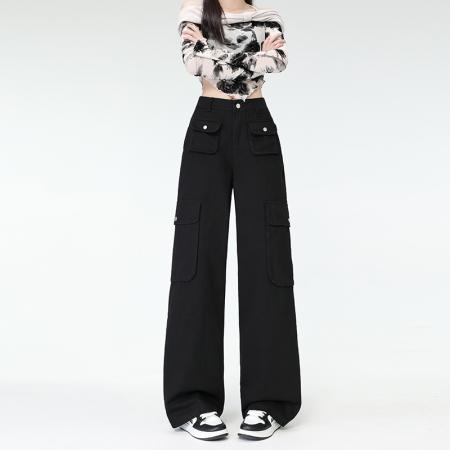 BY10121# 全棉水洗美式复古高街工装阔腿裤子女春秋小个子休闲长裤 服裝批發女裝批發服飾貨源