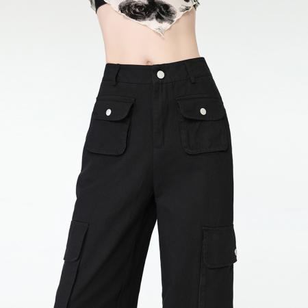 BY10121# 全棉水洗美式复古高街工装阔腿裤子女春秋小个子休闲长裤 服裝批發女裝批發服飾貨源