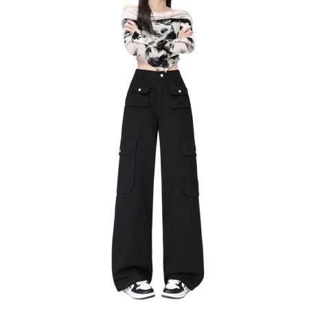 BY10121# 全棉水洗美式复古高街工装阔腿裤子女春秋小个子休闲长裤 服裝批發女裝批發服飾貨源