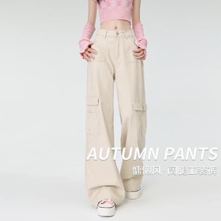 原版包边美式工装裤女秋季新款高腰显瘦宽松直筒阔腿裤 服裝批發女裝批發服飾貨源