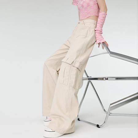 BY10123# 原版包边美式工装裤女秋季新款高腰显瘦宽松直筒阔腿裤 服裝批發女裝批發服飾貨源