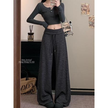 BY10128# 原版品质高腰直筒裤慵懒风条纹休闲裤女秋季百搭宽松阔腿裤 服裝批發女裝批發服飾貨源