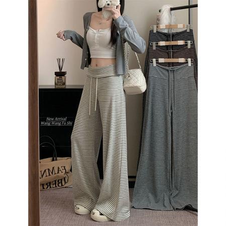 BY10128# 原版品质高腰直筒裤慵懒风条纹休闲裤女秋季百搭宽松阔腿裤 服裝批發女裝批發服飾貨源