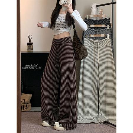 BY10128# 原版品质高腰直筒裤慵懒风条纹休闲裤女秋季百搭宽松阔腿裤 服裝批發女裝批發服飾貨源