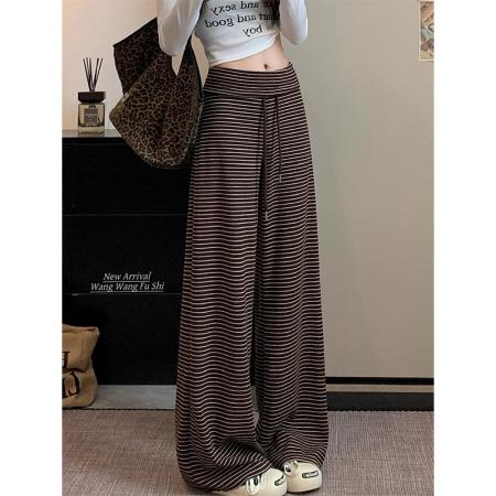 BY10128# 原版品质高腰直筒裤慵懒风条纹休闲裤女秋季百搭宽松阔腿裤 服裝批發女裝批發服飾貨源
