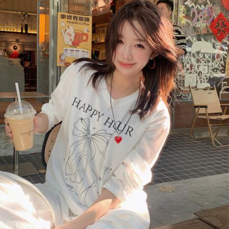 BY10130# 原版面料休闲长袖T恤女春秋轻薄罩衫慵懒宽松减龄上衣 服裝批發女裝批發服飾貨源