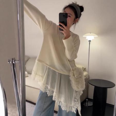 BY10131# 韩版中长款不规则假两件蕾丝拼接长袖T恤女修身显瘦打底衫上衣潮 服裝批發女裝批發服飾貨源