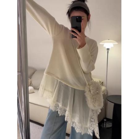 BY10131# 韩版中长款不规则假两件蕾丝拼接长袖T恤女修身显瘦打底衫上衣潮 服裝批發女裝批發服飾貨源